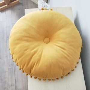 Yellow Round Chair Button Tufted Cushion Seat Pillow Pom Tassels